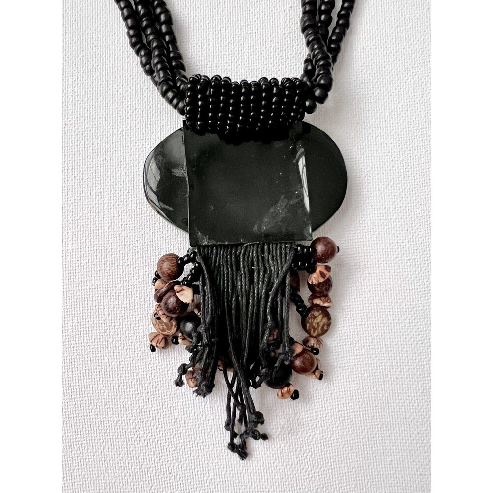 Vintage 80s Wooden Bead Medallion Necklace Natural Exotic Chunky Tribal 3 Strand - Picture 4 of 4
